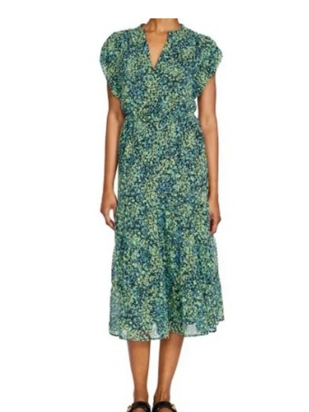 NEW Steve Madden Tiered Midi Dress Women's L Blue Floral Elastic waistband NWT